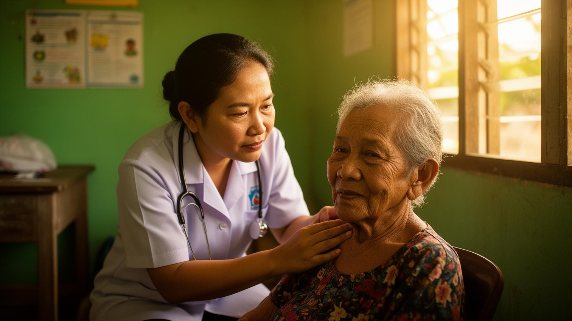 Filipino healthcare worker caring for an elderly patient